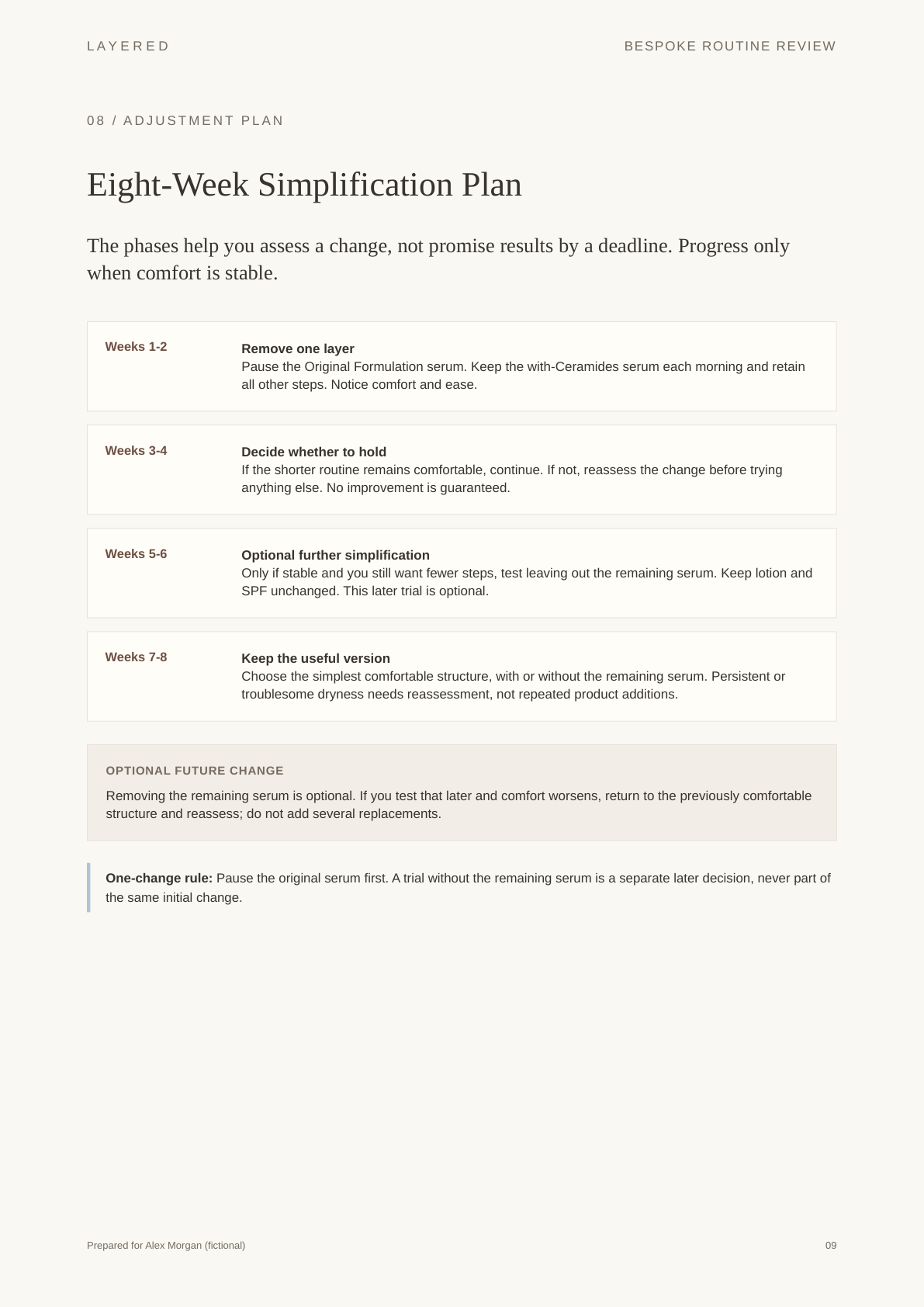 Bespoke example, page 9: an eight-week simplification plan with optional later changes only when comfort is stable.